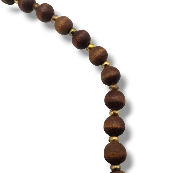 Vintage Wood Bead Alternating Gold Tone Spacers Natural Stone Drop Necklace Boho - Picture 5 of 9